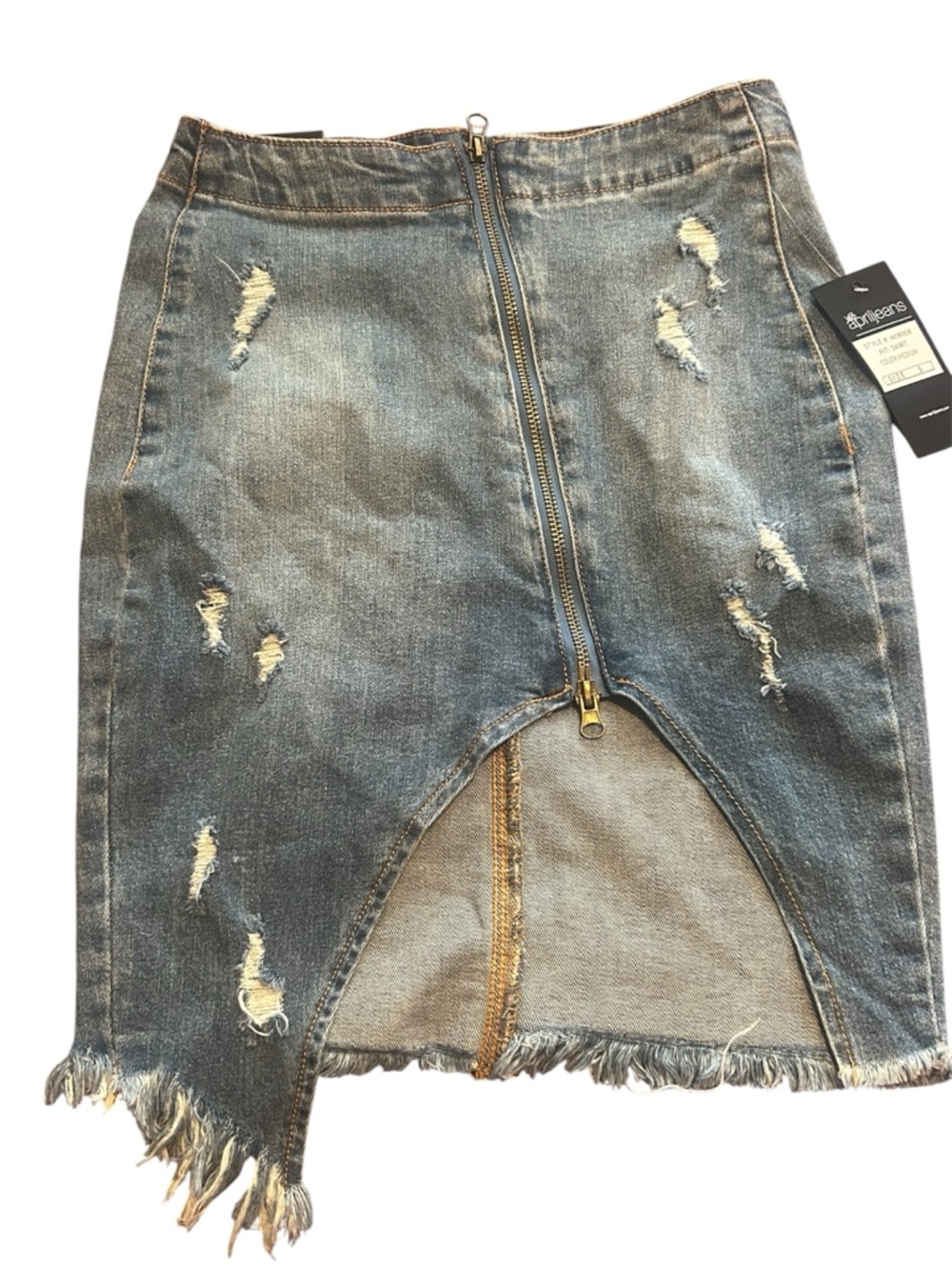 Distressed Blue Denim Pencil Skirt with Front Zip